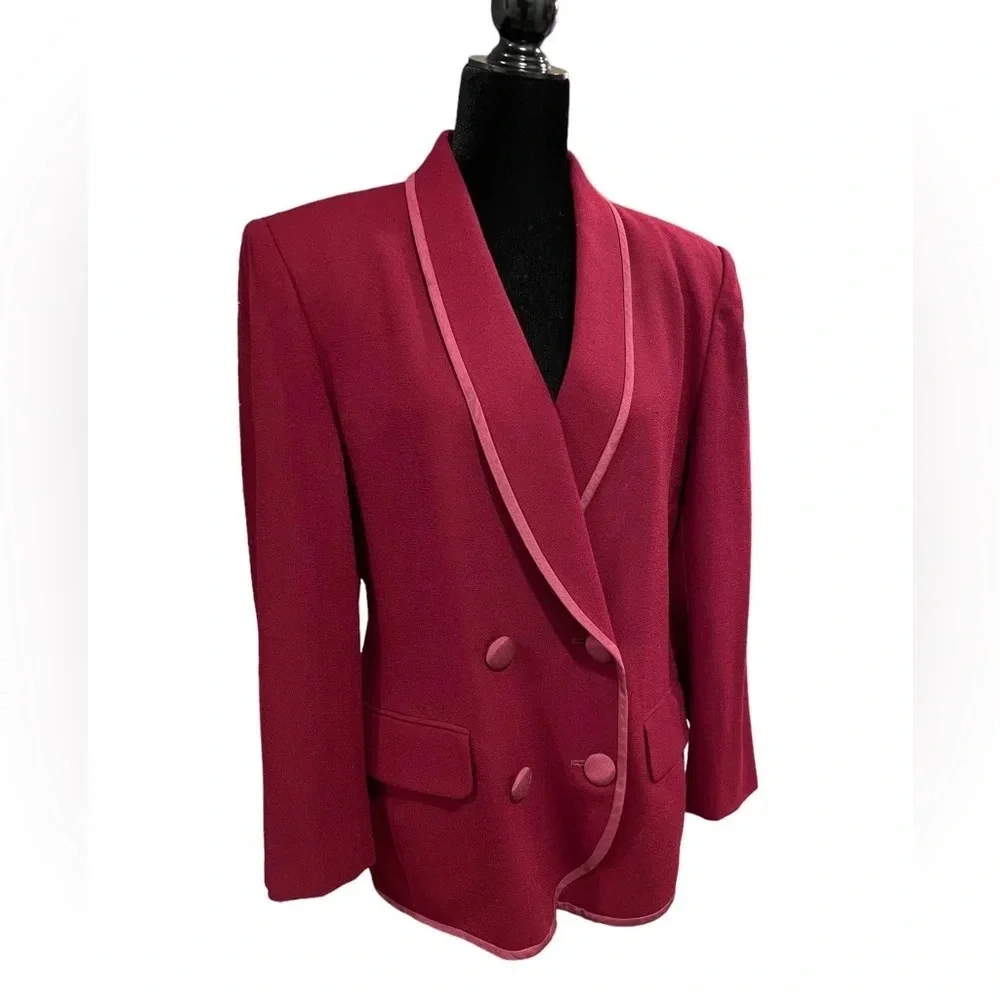 Vintage Christian Dior Doubles Breasted 100% Wool Blazer Jacket Burgundy Red